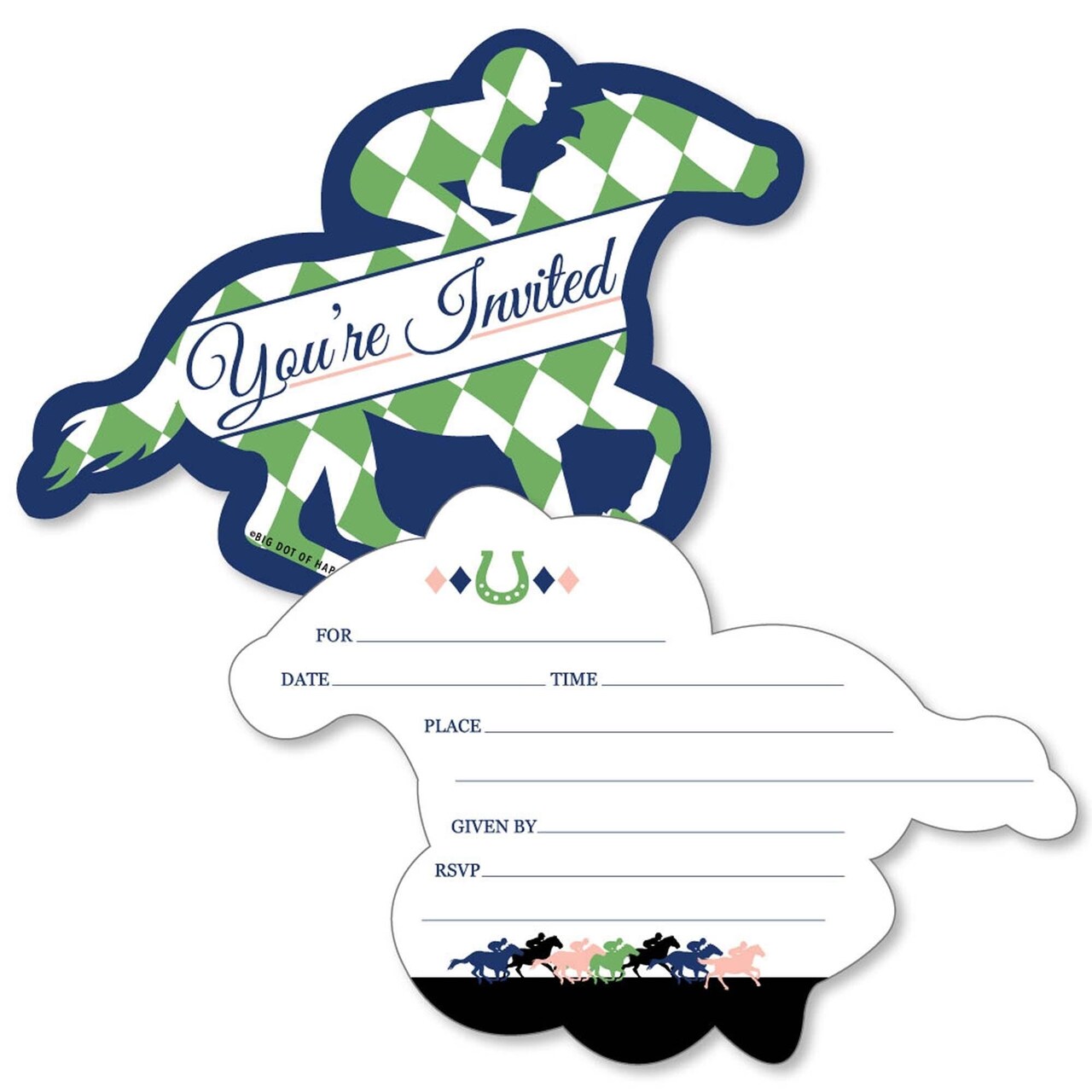 Big Dot of Happiness Kentucky Horse Derby - Shaped Fill-in Invitations - Horse Race Party Invitation Cards with Envelopes - Set of 12